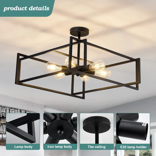 Alt view image 3 of 7 - 6-Lights Close to Ceiling Light 22.83 Inch Black Light Fixture Industrial Flush Mount Ceiling Large Farmhouse Chandelier Lighting for Kitchen Island Dining Room Bedroom Foyer Hallway