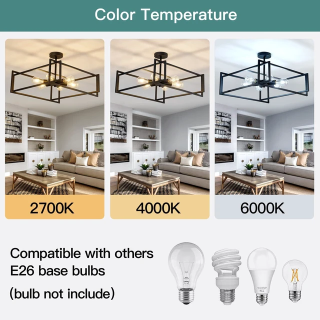 Alt view image 5 of 7 - 6-Lights Close to Ceiling Light 22.83 Inch Black Light Fixture Industrial Flush Mount Ceiling Large Farmhouse Chandelier Lighting for Kitchen Island Dining Room Bedroom Foyer Hallway
