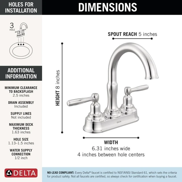 Alt view image 4 of 7 - Roe Centerset Chrome Bathroom Faucet, 4 Inch 3 Hole Bathroom Sink Faucet for Vanity, Push-Pop Drain Assembly, Chrome 25985LF