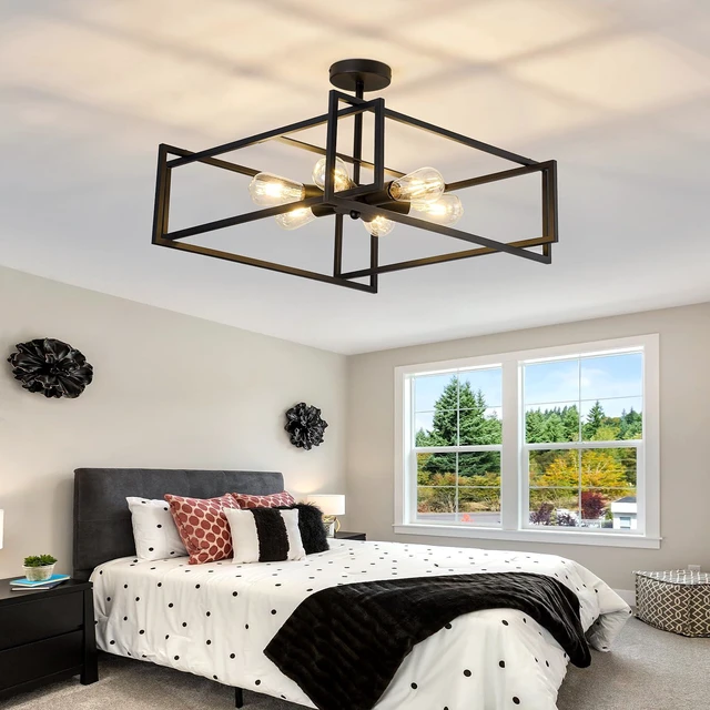 Alt view image 7 of 7 - 6-Lights Close to Ceiling Light 22.83 Inch Black Light Fixture Industrial Flush Mount Ceiling Large Farmhouse Chandelier Lighting for Kitchen Island Dining Room Bedroom Foyer Hallway