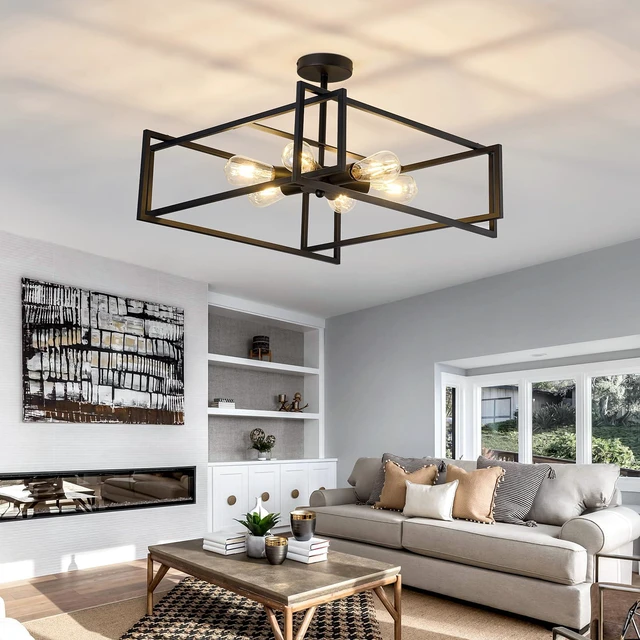 Alt view image 6 of 7 - 6-Lights Close to Ceiling Light 22.83 Inch Black Light Fixture Industrial Flush Mount Ceiling Large Farmhouse Chandelier Lighting for Kitchen Island Dining Room Bedroom Foyer Hallway