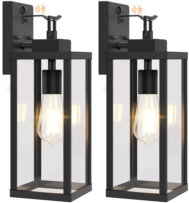 Main image of 2-Pack 16 Upgraded Motion Sensor Outdoor Wall Lights, Black Auto ON/OFF, 3 Lighting Modes, Waterproof, Rust-Resistant, Durable Metal & Clear Glass, Standard E26 Sockets, Easy to Install