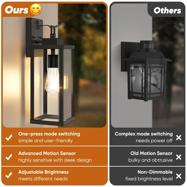 Alt view image 2 of 7 - 2-Pack 16 Upgraded Motion Sensor Outdoor Wall Lights, Black Auto ON/OFF, 3 Lighting Modes, Waterproof, Rust-Resistant, Durable Metal & Clear Glass, Standard E26 Sockets, Easy to Install
