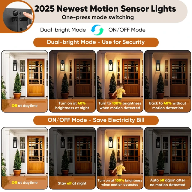 Alt view image 3 of 7 - 2-Pack 16 Upgraded Motion Sensor Outdoor Wall Lights, Black Auto ON/OFF, 3 Lighting Modes, Waterproof, Rust-Resistant, Durable Metal & Clear Glass, Standard E26 Sockets, Easy to Install