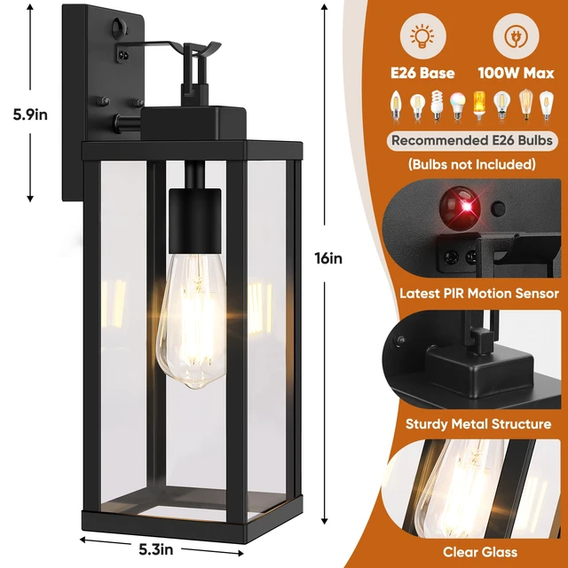 Alt view image 6 of 7 - 2-Pack 16 Upgraded Motion Sensor Outdoor Wall Lights, Black Auto ON/OFF, 3 Lighting Modes, Waterproof, Rust-Resistant, Durable Metal & Clear Glass, Standard E26 Sockets, Easy to Install