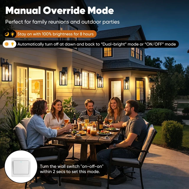 Alt view image 4 of 7 - 2-Pack 16 Upgraded Motion Sensor Outdoor Wall Lights, Black Auto ON/OFF, 3 Lighting Modes, Waterproof, Rust-Resistant, Durable Metal & Clear Glass, Standard E26 Sockets, Easy to Install