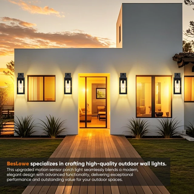 Alt view image 7 of 7 - 2-Pack 16 Upgraded Motion Sensor Outdoor Wall Lights, Black Auto ON/OFF, 3 Lighting Modes, Waterproof, Rust-Resistant, Durable Metal & Clear Glass, Standard E26 Sockets, Easy to Install