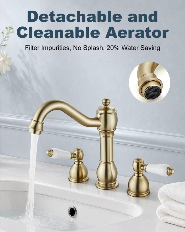 Alt view image 2 of 7 - Widespread Bathroom Sink Faucet 3 Hole White Lever Brushed Gold Vintage 8 Inch Brass Sink Faucet,2 Ceramic Handle,Pop Up Drain,cUPC Hose,for 6-16Centerset Basin,Farmhouse,RV,Vanity