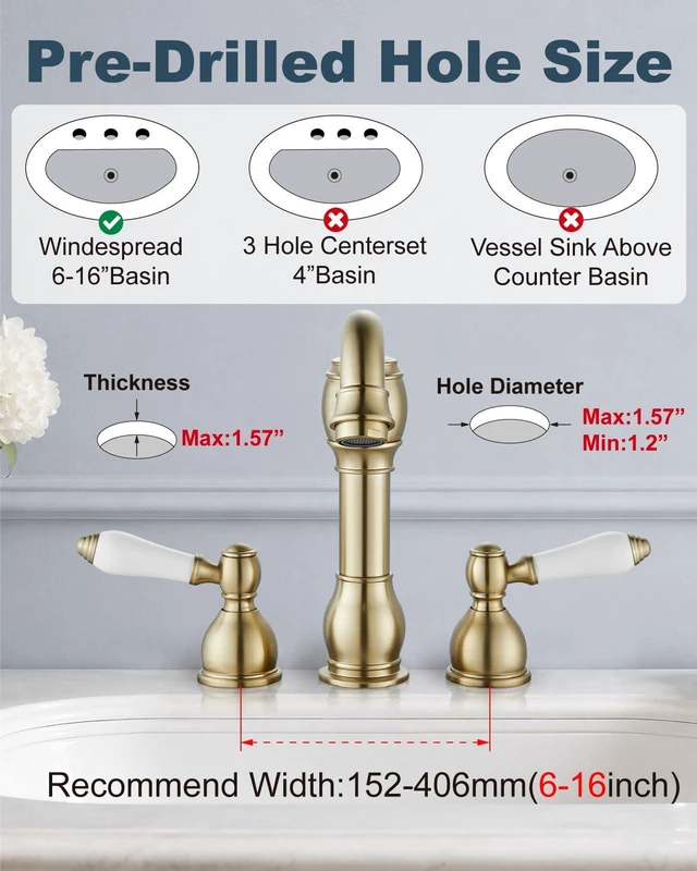 Alt view image 3 of 7 - Widespread Bathroom Sink Faucet 3 Hole White Lever Brushed Gold Vintage 8 Inch Brass Sink Faucet,2 Ceramic Handle,Pop Up Drain,cUPC Hose,for 6-16Centerset Basin,Farmhouse,RV,Vanity