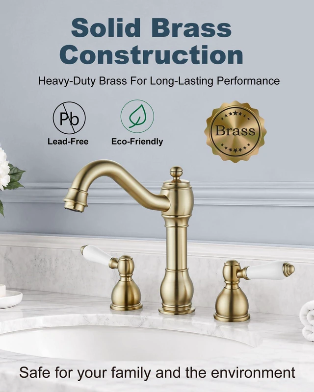 Alt view image 5 of 7 - Widespread Bathroom Sink Faucet 3 Hole White Lever Brushed Gold Vintage 8 Inch Brass Sink Faucet,2 Ceramic Handle,Pop Up Drain,cUPC Hose,for 6-16Centerset Basin,Farmhouse,RV,Vanity