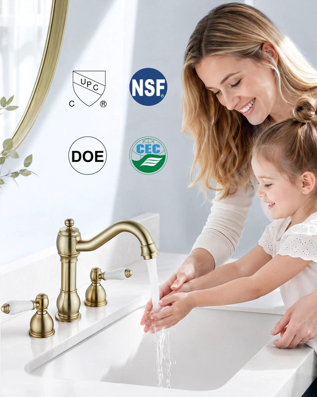 Alt view image 4 of 7 - Widespread Bathroom Sink Faucet 3 Hole White Lever Brushed Gold Vintage 8 Inch Brass Sink Faucet,2 Ceramic Handle,Pop Up Drain,cUPC Hose,for 6-16Centerset Basin,Farmhouse,RV,Vanity