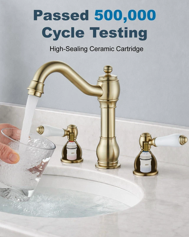 Alt view image 6 of 7 - Widespread Bathroom Sink Faucet 3 Hole White Lever Brushed Gold Vintage 8 Inch Brass Sink Faucet,2 Ceramic Handle,Pop Up Drain,cUPC Hose,for 6-16Centerset Basin,Farmhouse,RV,Vanity