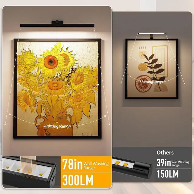 Alt view image 2 of 7 - Picture Lights for Wall, Battery Operated Picture Light 24in Gallery Light for Paintings CCT Dimmable Recharging Battery Wall Light with Remote Control for Living Room Gallery Dartboard