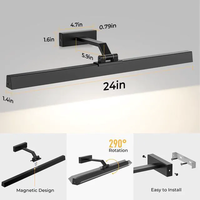 Alt view image 7 of 7 - Picture Lights for Wall, Battery Operated Picture Light 24in Gallery Light for Paintings CCT Dimmable Recharging Battery Wall Light with Remote Control for Living Room Gallery Dartboard
