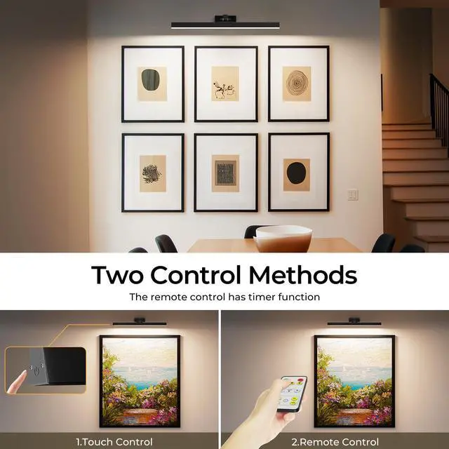 Alt view image 6 of 7 - Picture Lights for Wall, Battery Operated Picture Light 24in Gallery Light for Paintings CCT Dimmable Recharging Battery Wall Light with Remote Control for Living Room Gallery Dartboard