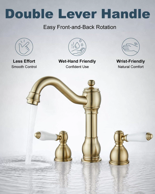 Alt view image 7 of 7 - Widespread Bathroom Sink Faucet 3 Hole White Lever Brushed Gold Vintage 8 Inch Brass Sink Faucet,2 Ceramic Handle,Pop Up Drain,cUPC Hose,for 6-16Centerset Basin,Farmhouse,RV,Vanity
