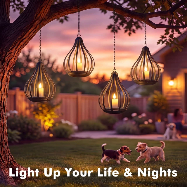 Alt view image 4 of 7 - Solar Lanterns Outdoor Waterproof Hanging Solar Lights Outdoor Decor 4 Pack Outdoor Solar Lanterns with Flickering Flameless Candle for Garden Patio Backyard Pathway Decor, Gifts for Women Mom Grandma