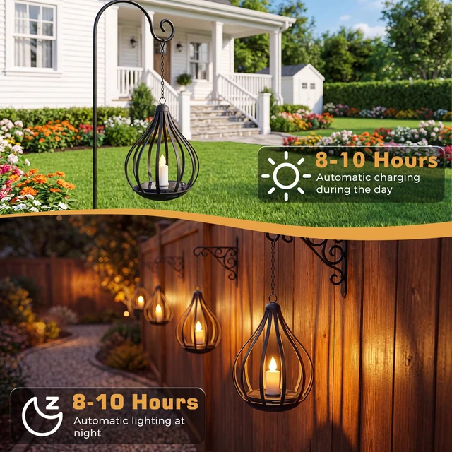 Alt view image 6 of 7 - Solar Lanterns Outdoor Waterproof Hanging Solar Lights Outdoor Decor 4 Pack Outdoor Solar Lanterns with Flickering Flameless Candle for Garden Patio Backyard Pathway Decor, Gifts for Women Mom Grandma