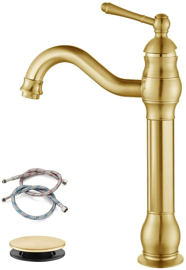 Main image of Vintage Bathroom Vessel Sink Faucet, Brushed Gold, with Drain Tall Bathroom Faucet 1 Hole Single Handle, 360° Swivel Spout, cUPC Water Lines, Lead-Free, for Farmhouse Vanity Washbasin RV
