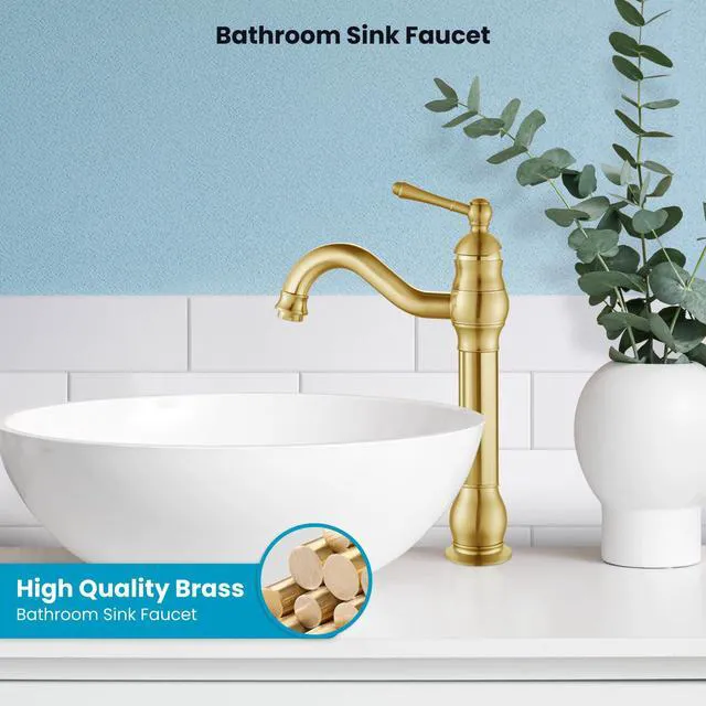 Alt view image 2 of 7 - Vintage Bathroom Vessel Sink Faucet, Brushed Gold, with Drain Tall Bathroom Faucet 1 Hole Single Handle, 360° Swivel Spout, cUPC Water Lines, Lead-Free, for Farmhouse Vanity Washbasin RV