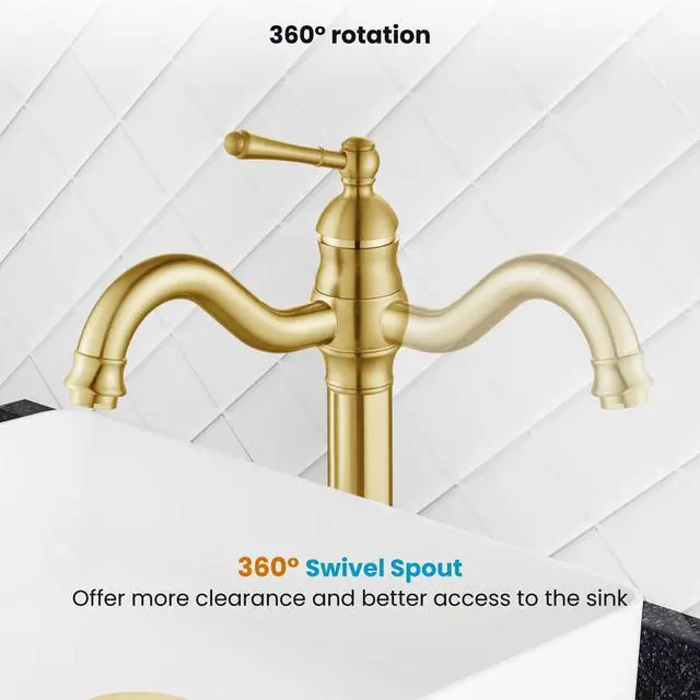 Alt view image 5 of 7 - Vintage Bathroom Vessel Sink Faucet, Brushed Gold, with Drain Tall Bathroom Faucet 1 Hole Single Handle, 360° Swivel Spout, cUPC Water Lines, Lead-Free, for Farmhouse Vanity Washbasin RV