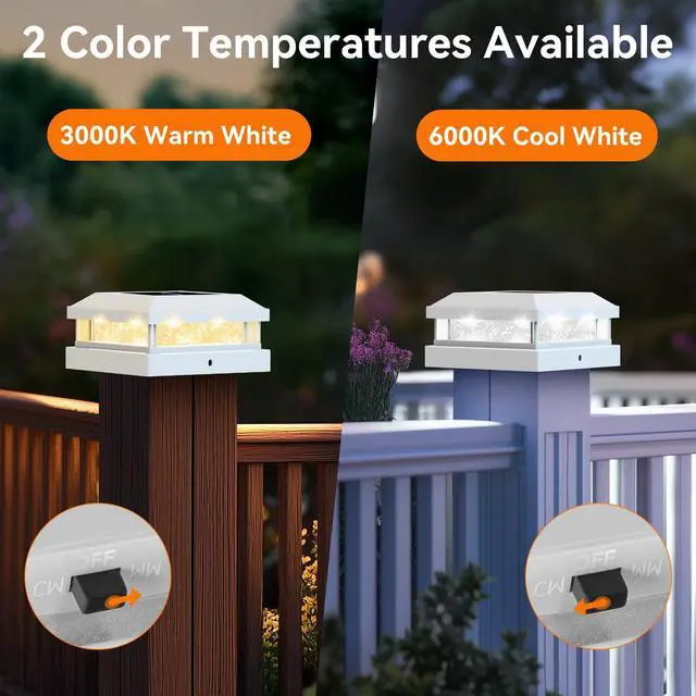 Alt view image 4 of 7 - 4x4 5x5 Solar Post Cap Lights Outdoor 12-Pack White for Vinyl/Wooden Post, 16LEDs, Warm/Cool White, Waterproof, Solar Powered Fence Post Lights for Garden, Patio, Porch