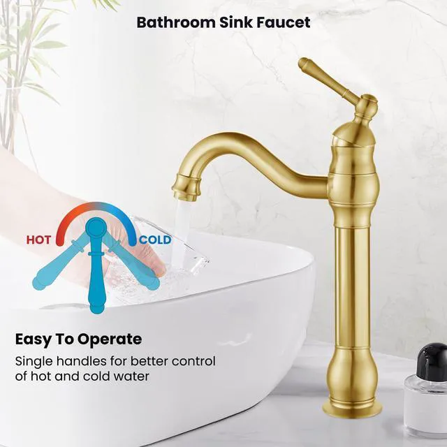 Alt view image 7 of 7 - Vintage Bathroom Vessel Sink Faucet, Brushed Gold, with Drain Tall Bathroom Faucet 1 Hole Single Handle, 360° Swivel Spout, cUPC Water Lines, Lead-Free, for Farmhouse Vanity Washbasin RV