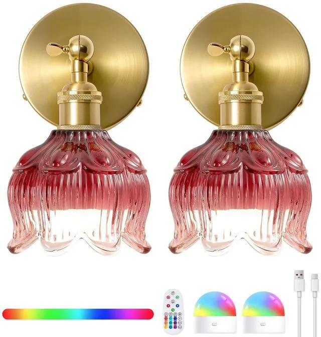 Main image of Vintage Battery Operated Wall Sconce: Set of 2 Red Flower Powered Sconces 5000mAh Rose Glass Cordless Mounted Lighting, Rechargeable Dimmable Traditional Wireless Light Remote Control for Bedroom