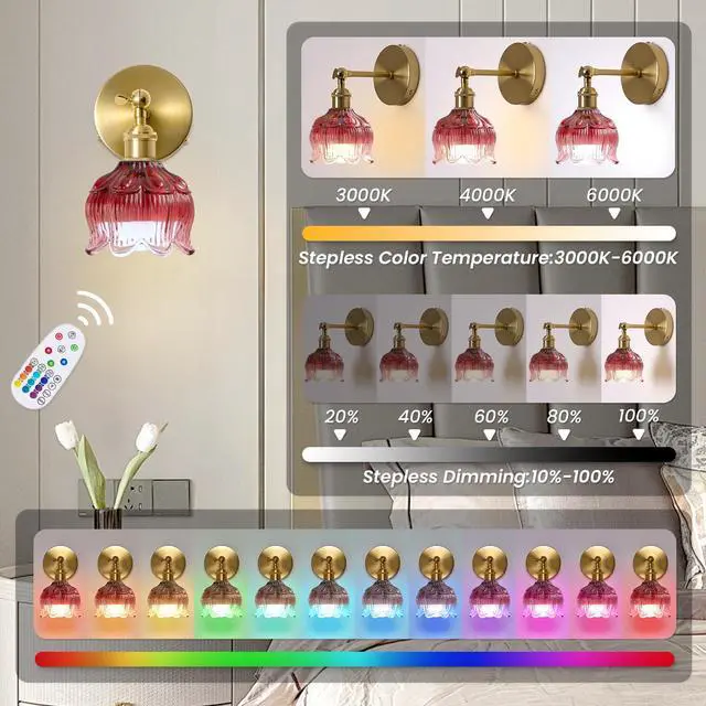 Alt view image 4 of 7 - Vintage Battery Operated Wall Sconce: Set of 2 Red Flower Powered Sconces 5000mAh Rose Glass Cordless Mounted Lighting, Rechargeable Dimmable Traditional Wireless Light Remote Control for Bedroom