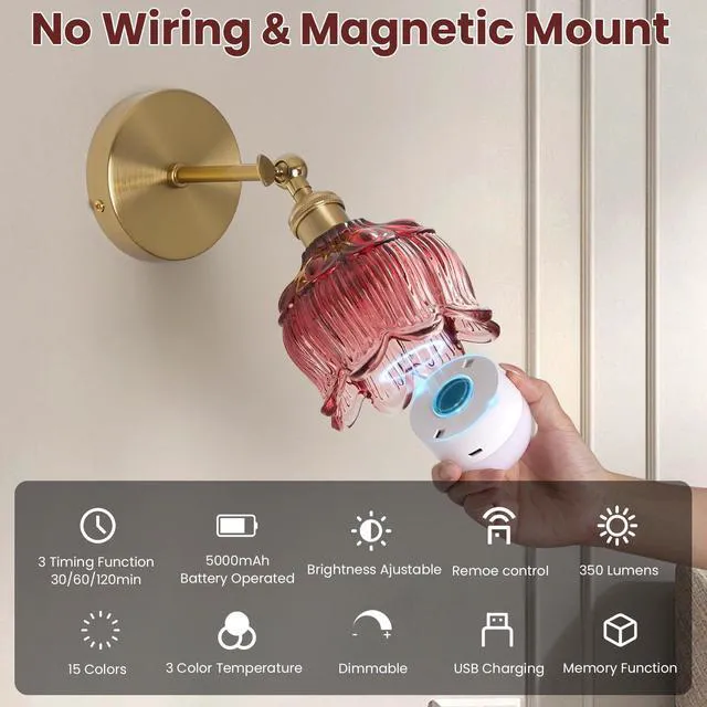 Alt view image 6 of 7 - Vintage Battery Operated Wall Sconce: Set of 2 Red Flower Powered Sconces 5000mAh Rose Glass Cordless Mounted Lighting, Rechargeable Dimmable Traditional Wireless Light Remote Control for Bedroom