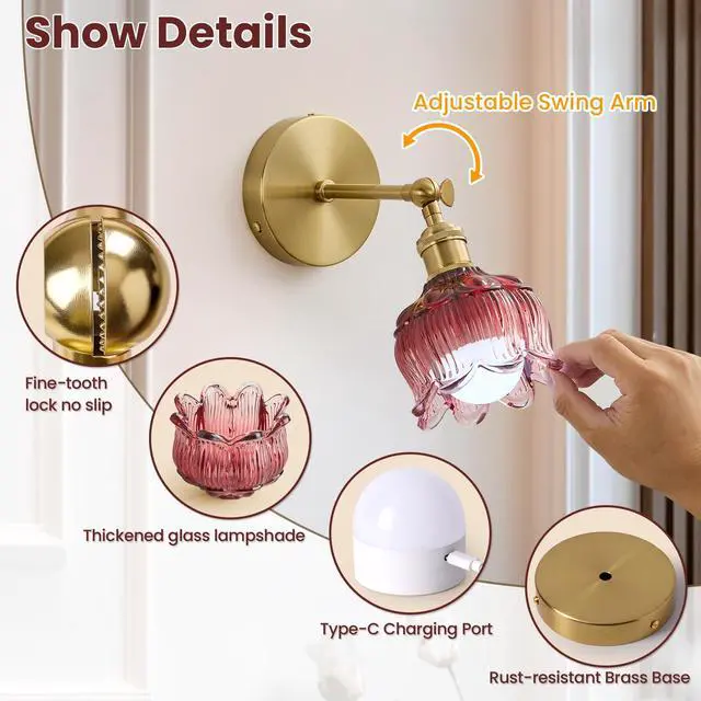 Alt view image 5 of 7 - Vintage Battery Operated Wall Sconce: Set of 2 Red Flower Powered Sconces 5000mAh Rose Glass Cordless Mounted Lighting, Rechargeable Dimmable Traditional Wireless Light Remote Control for Bedroom