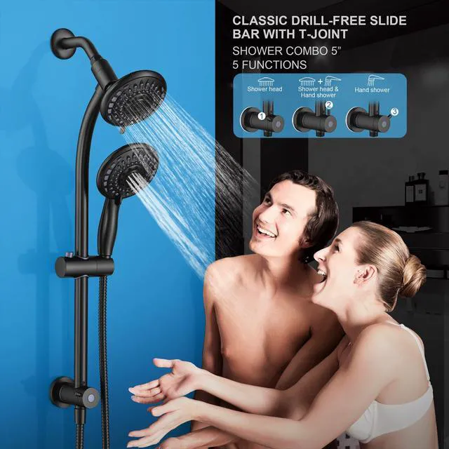 Alt view image 3 of 7 - Handheld Showerhead & Rain Shower Combo for Easy Reach, 27.5" Drill-free Stainless Steel Slide Bar, 5of 5-setting Handheld Shower and Showerhead, with 5ft Hose - Black