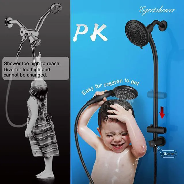 Alt view image 4 of 7 - Handheld Showerhead & Rain Shower Combo for Easy Reach, 27.5" Drill-free Stainless Steel Slide Bar, 5of 5-setting Handheld Shower and Showerhead, with 5ft Hose - Black