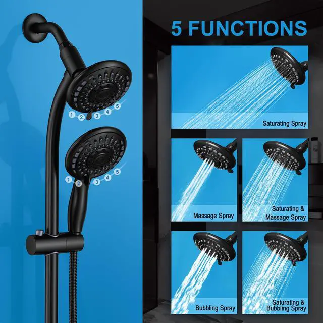 Alt view image 2 of 7 - Handheld Showerhead & Rain Shower Combo for Easy Reach, 27.5" Drill-free Stainless Steel Slide Bar, 5of 5-setting Handheld Shower and Showerhead, with 5ft Hose - Black