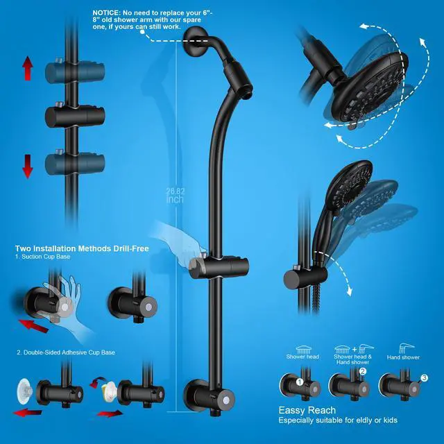 Alt view image 5 of 7 - Handheld Showerhead & Rain Shower Combo for Easy Reach, 27.5" Drill-free Stainless Steel Slide Bar, 5of 5-setting Handheld Shower and Showerhead, with 5ft Hose - Black