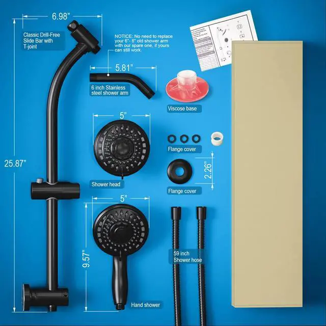 Alt view image 7 of 7 - Handheld Showerhead & Rain Shower Combo for Easy Reach, 27.5" Drill-free Stainless Steel Slide Bar, 5of 5-setting Handheld Shower and Showerhead, with 5ft Hose - Black