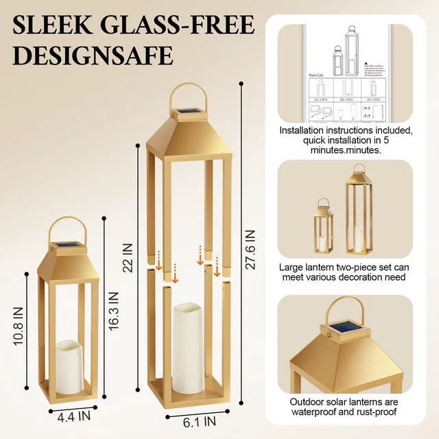 Alt view image 2 of 6 - Large Outdoor Solar Lanterns Waterproof, Tall Farmhouse Black Metal Decorative Lanterns Solar Lights Outdoor for Front Porch Decor Outdoor Patio, Garden, Balcony, Porch, 27.6",16.3"-Set of 2 Gold