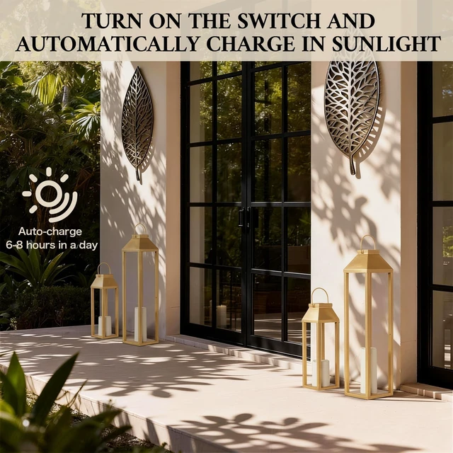 Alt view image 3 of 6 - Large Outdoor Solar Lanterns Waterproof, Tall Farmhouse Black Metal Decorative Lanterns Solar Lights Outdoor for Front Porch Decor Outdoor Patio, Garden, Balcony, Porch, 27.6",16.3"-Set of 2 Gold