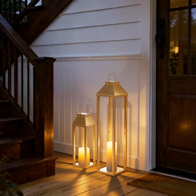 Alt view image 4 of 6 - Large Outdoor Solar Lanterns Waterproof, Tall Farmhouse Black Metal Decorative Lanterns Solar Lights Outdoor for Front Porch Decor Outdoor Patio, Garden, Balcony, Porch, 27.6",16.3"-Set of 2 Gold