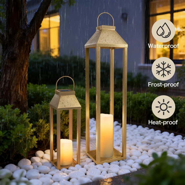 Alt view image 5 of 6 - Large Outdoor Solar Lanterns Waterproof, Tall Farmhouse Black Metal Decorative Lanterns Solar Lights Outdoor for Front Porch Decor Outdoor Patio, Garden, Balcony, Porch, 27.6",16.3"-Set of 2 Gold