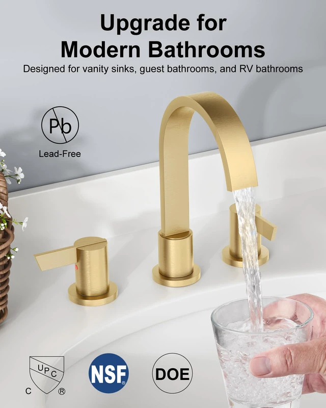 Alt view image 2 of 7 - Gold 3 Hole Bathroom Faucet,8" Widespread Vanity Faucet 2 Handle Waterfall Bathroom Sink Faucet with Pop-Up Drain,Supply Lines,360° Swivel Spout,Lead-Free Stainless Steel,Deck Mount