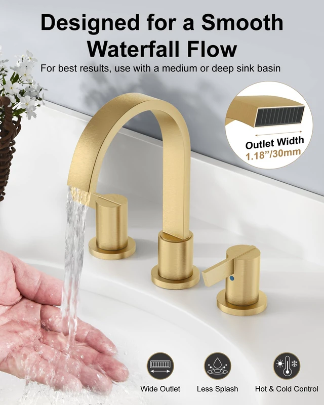 Alt view image 3 of 7 - Gold 3 Hole Bathroom Faucet,8" Widespread Vanity Faucet 2 Handle Waterfall Bathroom Sink Faucet with Pop-Up Drain,Supply Lines,360° Swivel Spout,Lead-Free Stainless Steel,Deck Mount