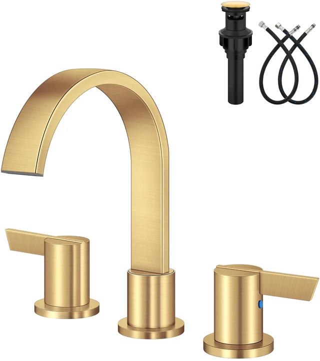Main image of Gold 3 Hole Bathroom Faucet,8" Widespread Vanity Faucet 2 Handle Waterfall Bathroom Sink Faucet with Pop-Up Drain,Supply Lines,360° Swivel Spout,Lead-Free Stainless Steel,Deck Mount