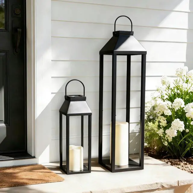 Main image of Large Outdoor Solar Lanterns Waterproof, Tall Farmhouse Black Metal Decorative Lanterns Solar Lights Outdoor for Front Porch Decor Outdoor Patio, Garden, Balcony, Porch, 27.6",16.3"-Set of 2