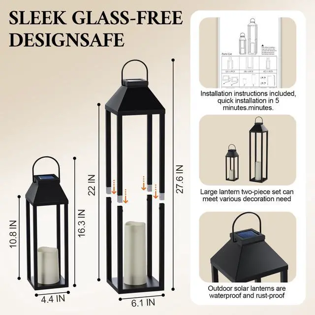 Alt view image 2 of 6 - Large Outdoor Solar Lanterns Waterproof, Tall Farmhouse Black Metal Decorative Lanterns Solar Lights Outdoor for Front Porch Decor Outdoor Patio, Garden, Balcony, Porch, 27.6",16.3"-Set of 2