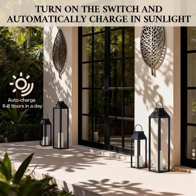 Alt view image 3 of 6 - Large Outdoor Solar Lanterns Waterproof, Tall Farmhouse Black Metal Decorative Lanterns Solar Lights Outdoor for Front Porch Decor Outdoor Patio, Garden, Balcony, Porch, 27.6",16.3"-Set of 2