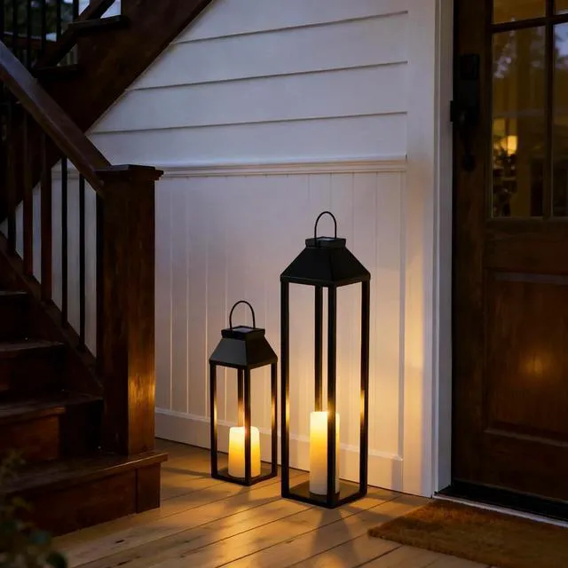 Alt view image 4 of 6 - Large Outdoor Solar Lanterns Waterproof, Tall Farmhouse Black Metal Decorative Lanterns Solar Lights Outdoor for Front Porch Decor Outdoor Patio, Garden, Balcony, Porch, 27.6",16.3"-Set of 2