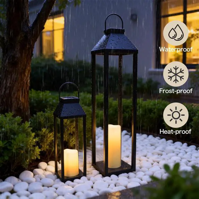 Alt view image 5 of 6 - Large Outdoor Solar Lanterns Waterproof, Tall Farmhouse Black Metal Decorative Lanterns Solar Lights Outdoor for Front Porch Decor Outdoor Patio, Garden, Balcony, Porch, 27.6",16.3"-Set of 2