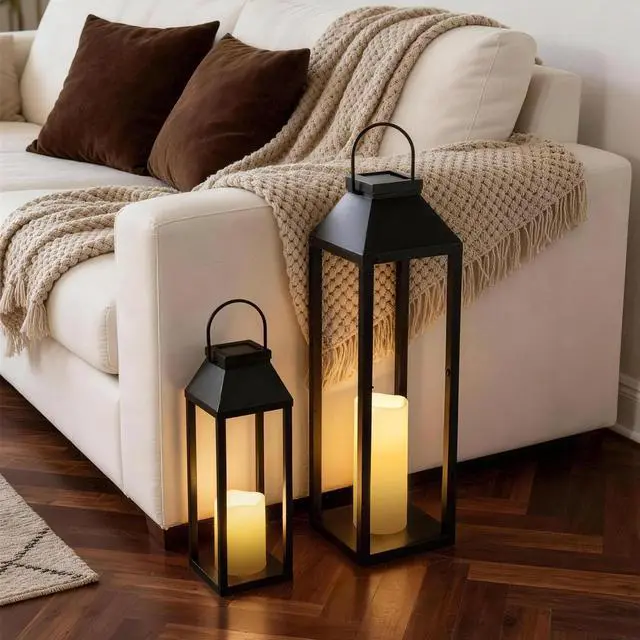 Alt view image 6 of 6 - Large Outdoor Solar Lanterns Waterproof, Tall Farmhouse Black Metal Decorative Lanterns Solar Lights Outdoor for Front Porch Decor Outdoor Patio, Garden, Balcony, Porch, 27.6",16.3"-Set of 2