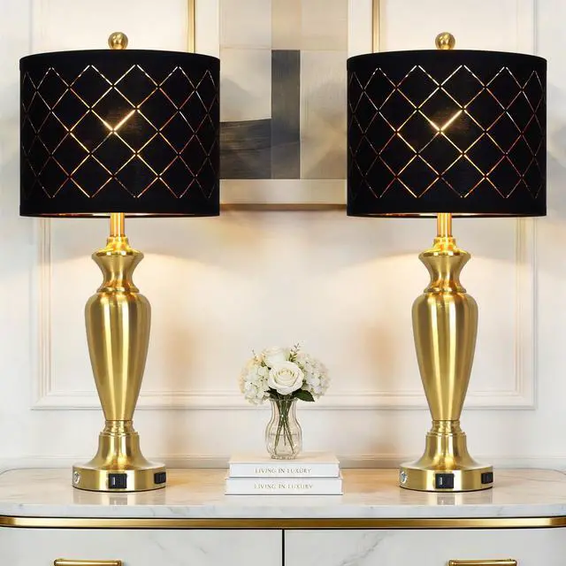 Main image of 30" Tall Gold Table Lamps Set of 2 for Living Room & Bedroom Touch Control, USB-A & USB-C Charging Ports and AC Outlet, 3-Way Dimmable, Black Grid Lampshade, 2 LED Bulbs Included